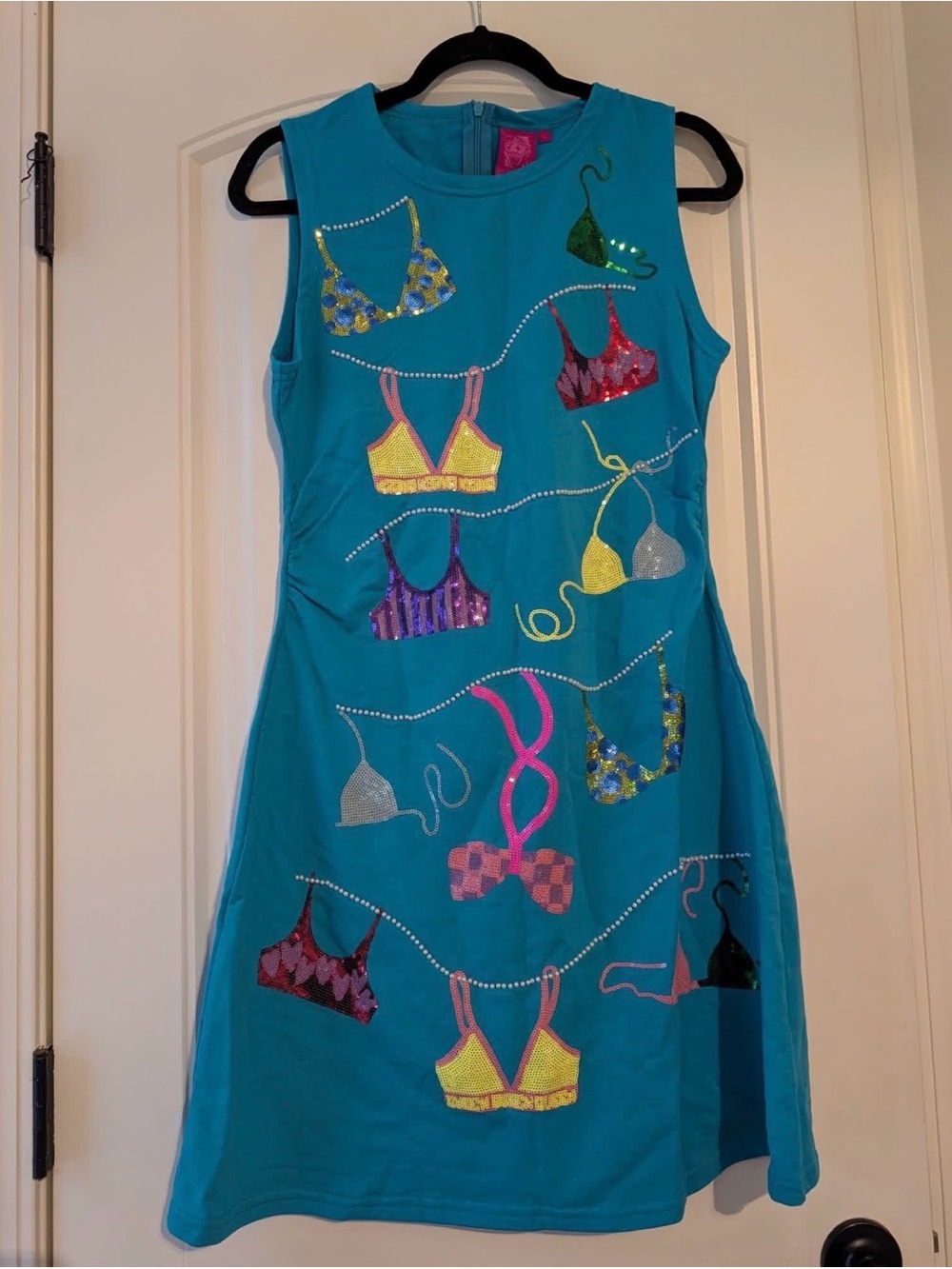 QUEEN OF SPARKLES Teal Tank Dress with Multicolor Bikini Appliqués